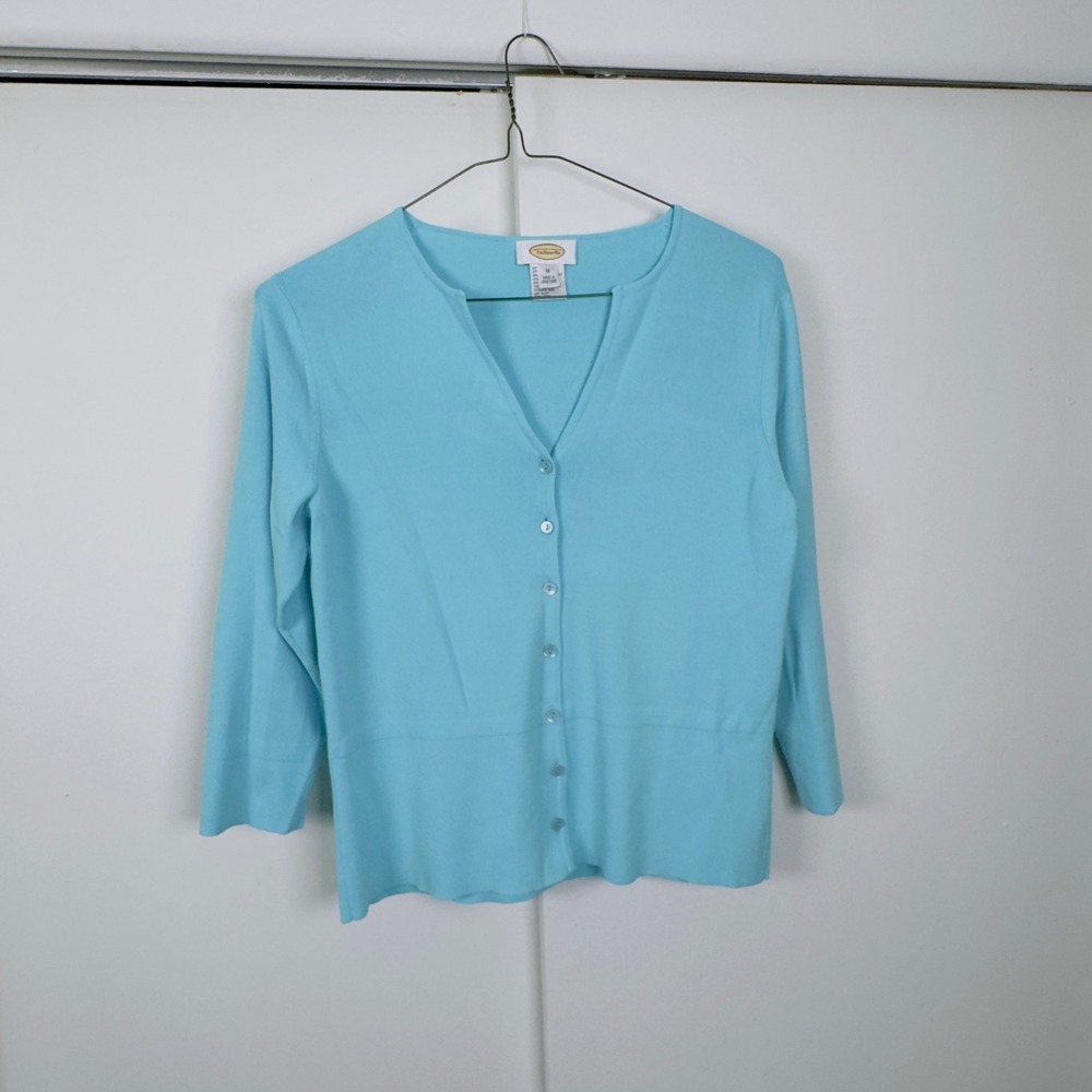 Talbots Women Turquoise Blue V-Neck 3/4 Sleeve Button Front Cardigan Sweater M
